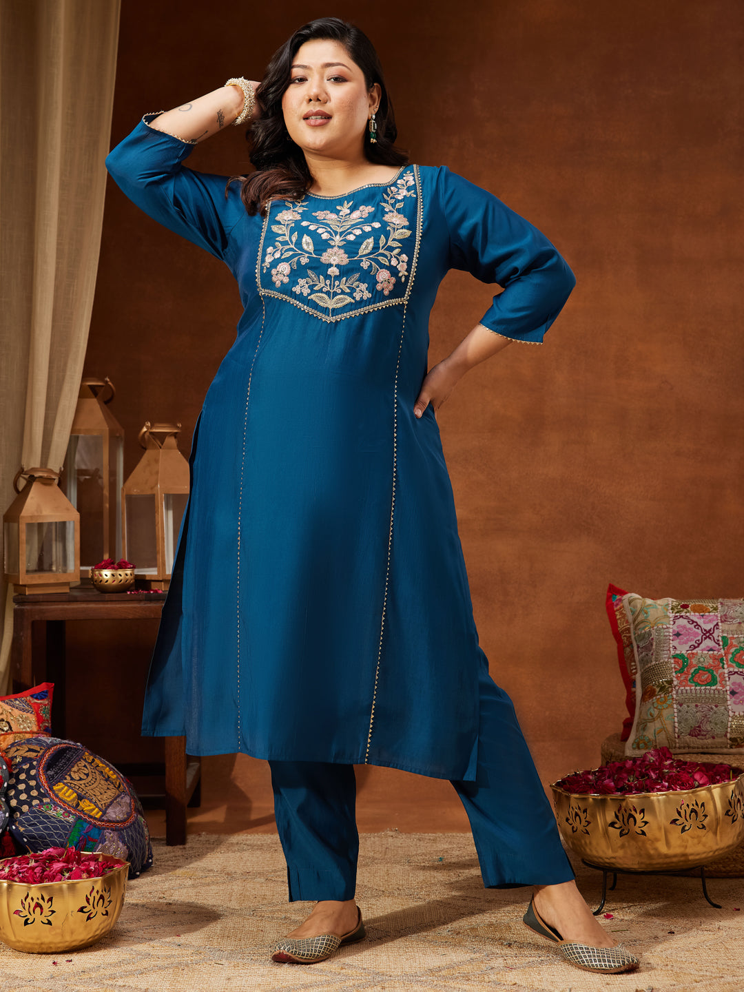 Janasya Women's Plus Size Teal Chanderi Silk Embroidered Straight Kurta Set - qivii