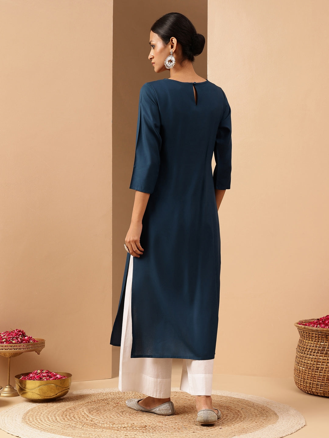 Janasya Women's Teal Blue Rayon Yoke Embroidered Straight Kurta - qivii