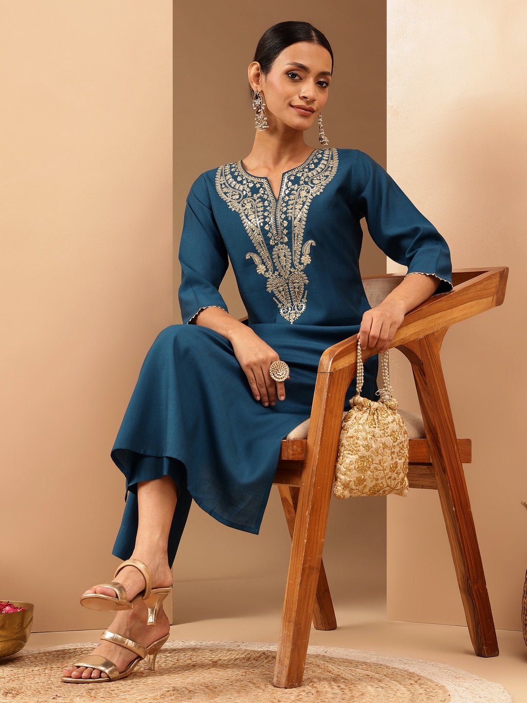 Janasya Women's Teal Blue Silk Blend Zari Yoke Embroidered Straight Kurta - qivii