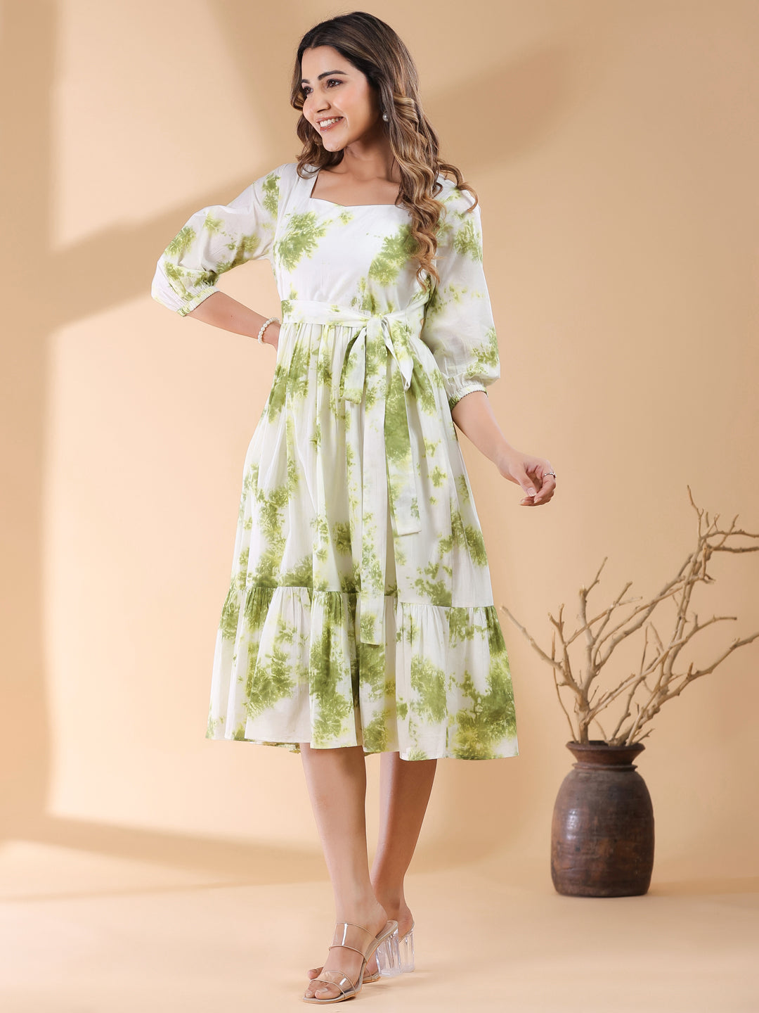 White & Green Pure Cotton Tie & Dye Tiered Dress - qivii