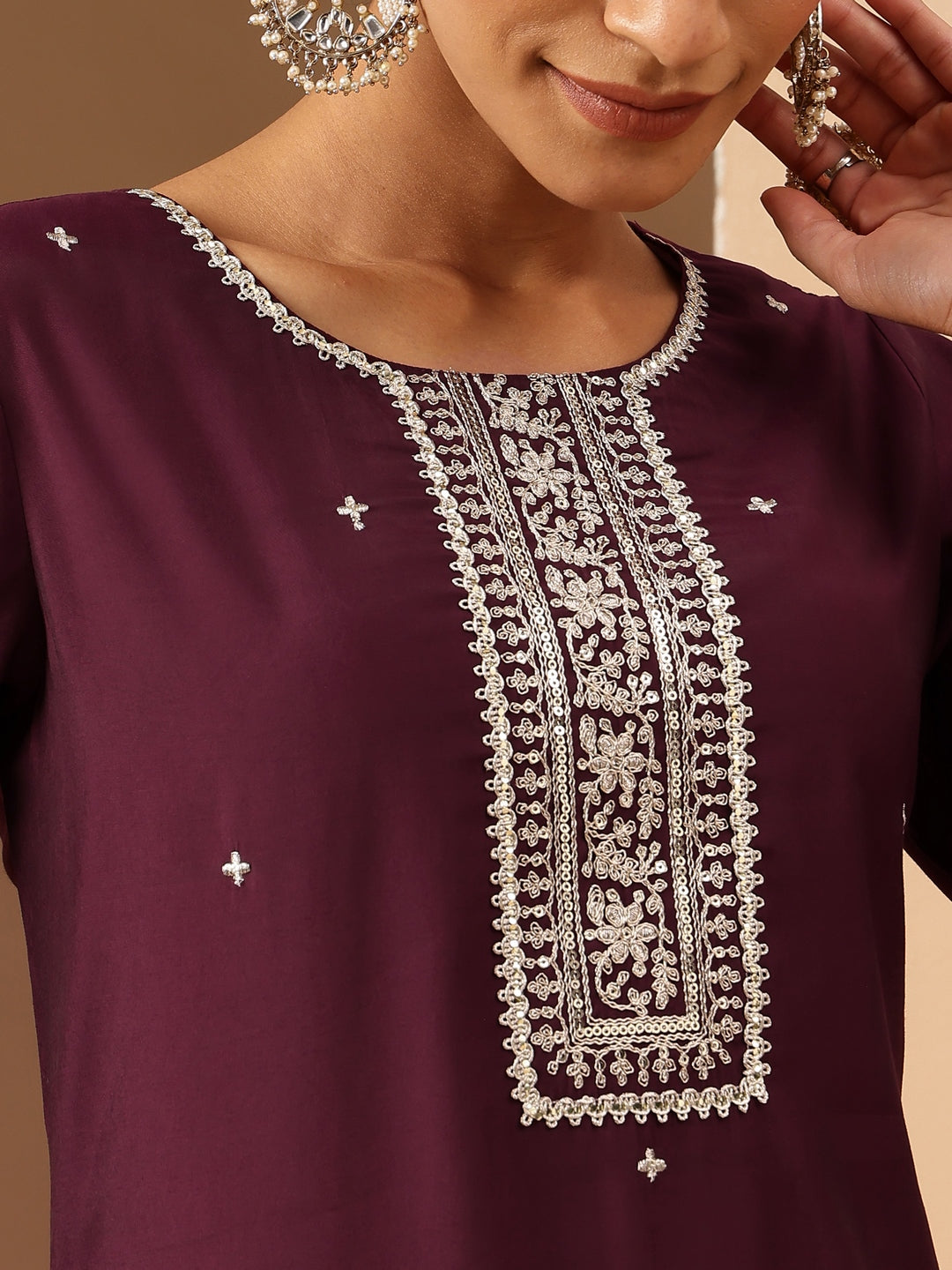 Janasya Women's Wine Chanderi Silk Embroidered Straight Kurta - qivii