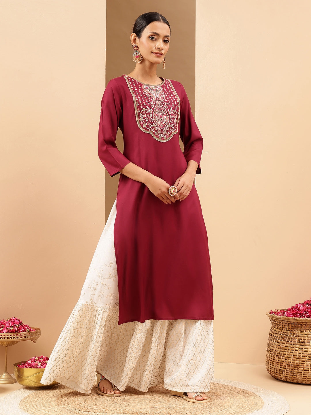 Janasya Women's Wine Royan Yoke Embroidered Straight Kurta - qivii