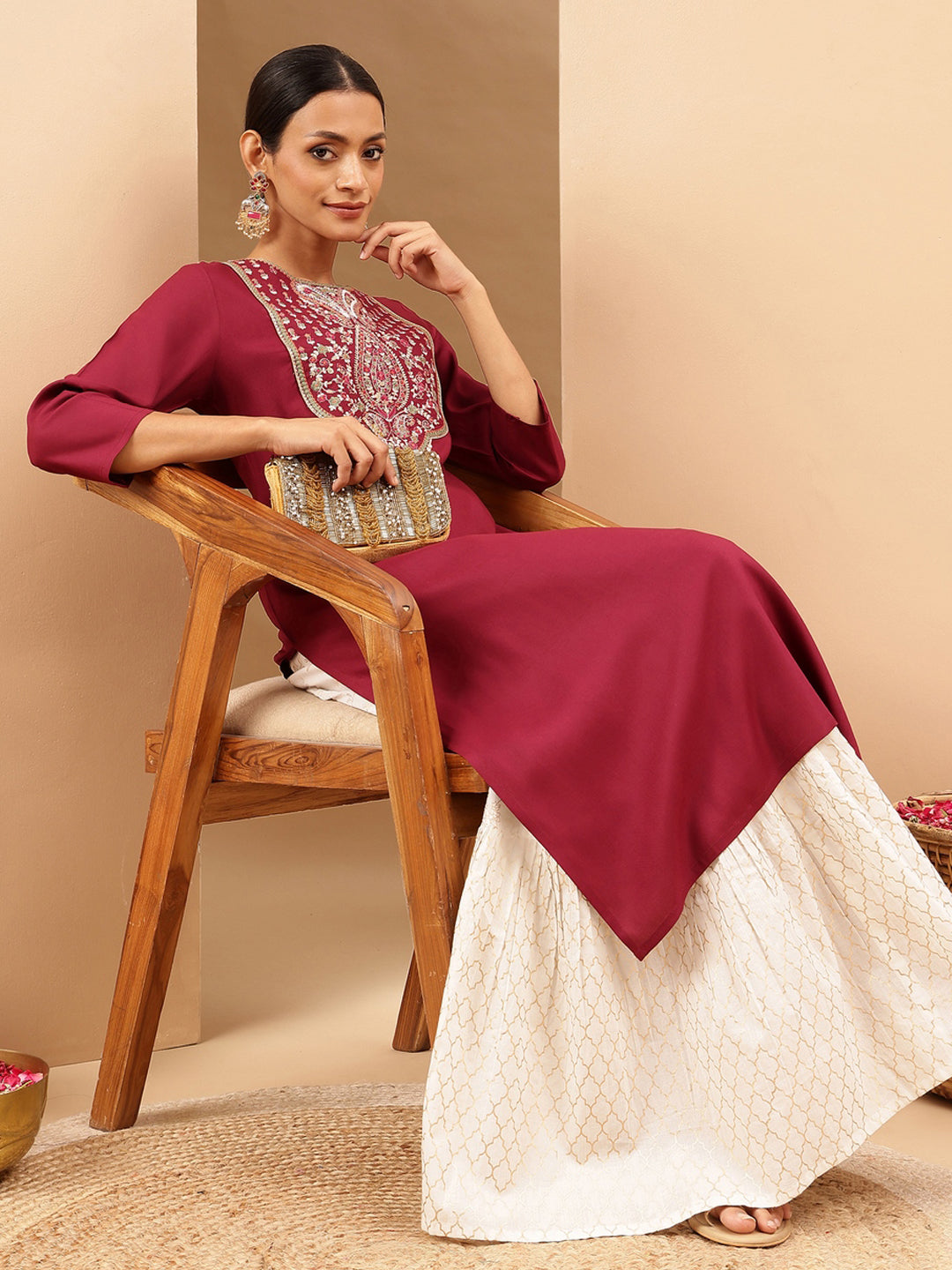 Janasya Women's Wine Royan Yoke Embroidered Straight Kurta - qivii