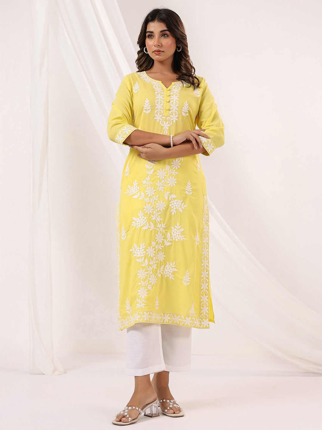 Janasya Women's Yellow Pure Cotton Embroidered Straight Kurta - qivii
