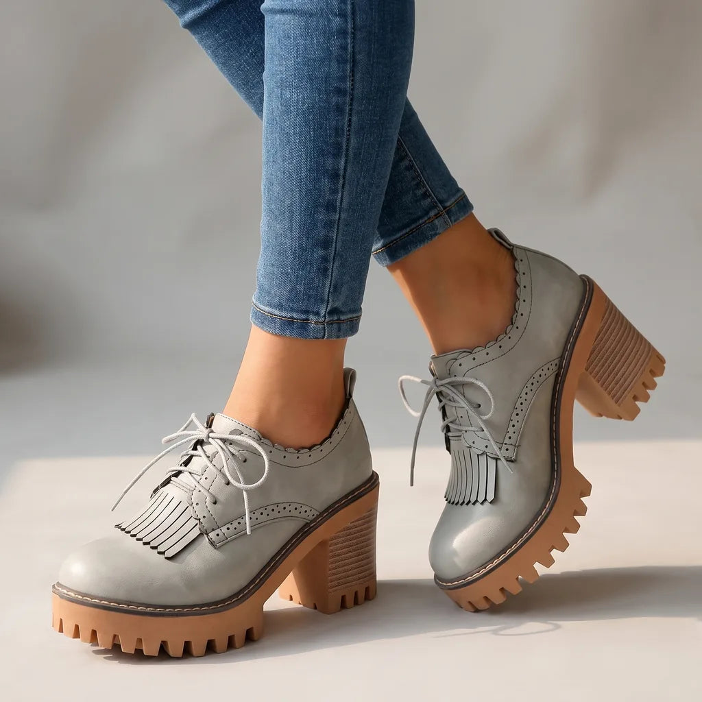 Gray women's orthopedic lace-up derbies by Hudson Ridge featuring comfortable design and stylish heel for everyday wear.