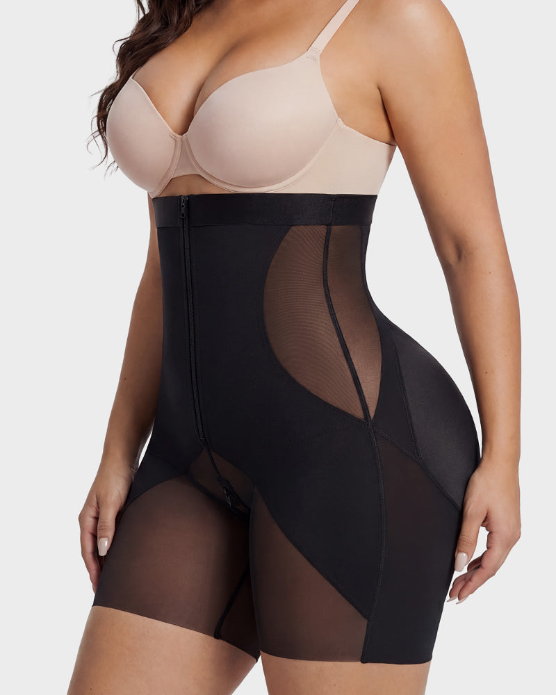 High Waist Zipper Tummy Control Butt Lifting Mid Thigh Mesh Shapewear Shorts