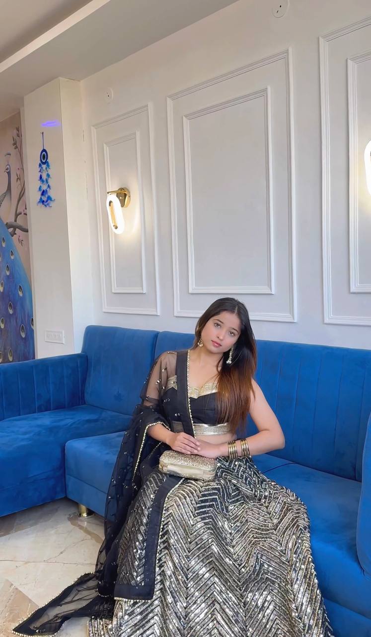 Black Georgette lehenga with sequins & zari work - INSPIRED | Ready To Wear - qivii