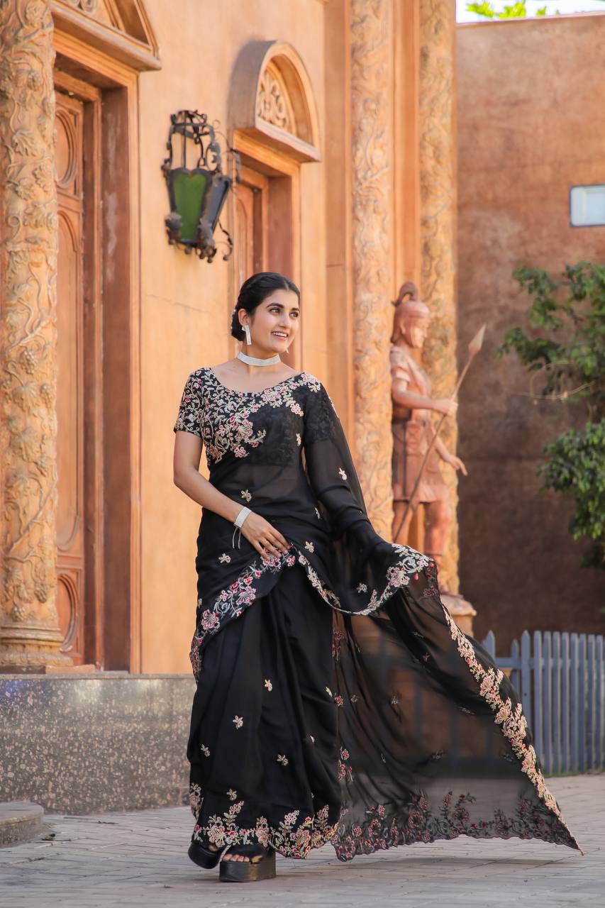 Black Heavy Kasturi silk saree with thread , zari & dori work - INSPIRED - qivii
