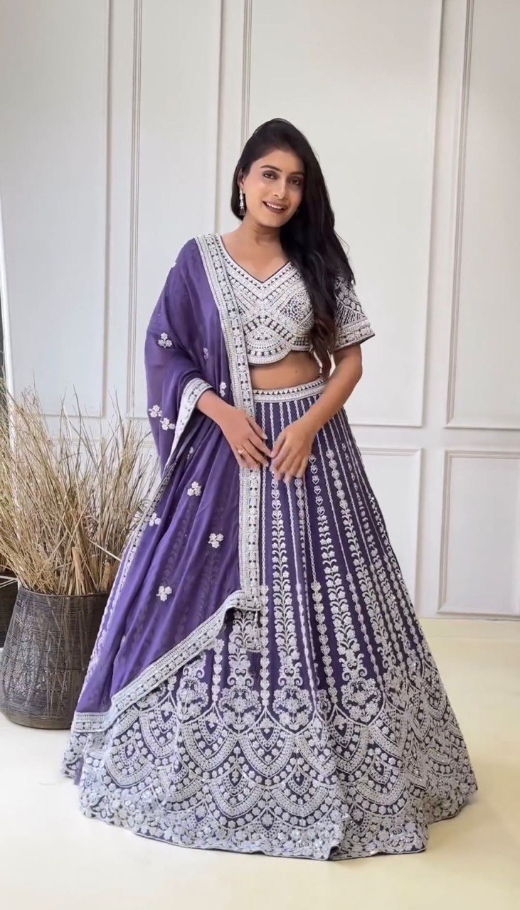 Blue Foux Gorgette Codeing Dori with Sequnce Lehenga Choli - INSPIRED | Ready To Wear - qivii
