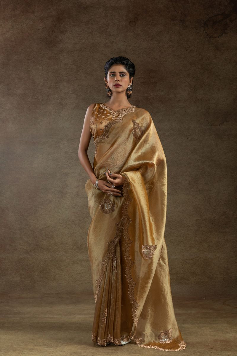 Gold Banarasi Silk With Hand Work & Zarkan Work Saree - qivii