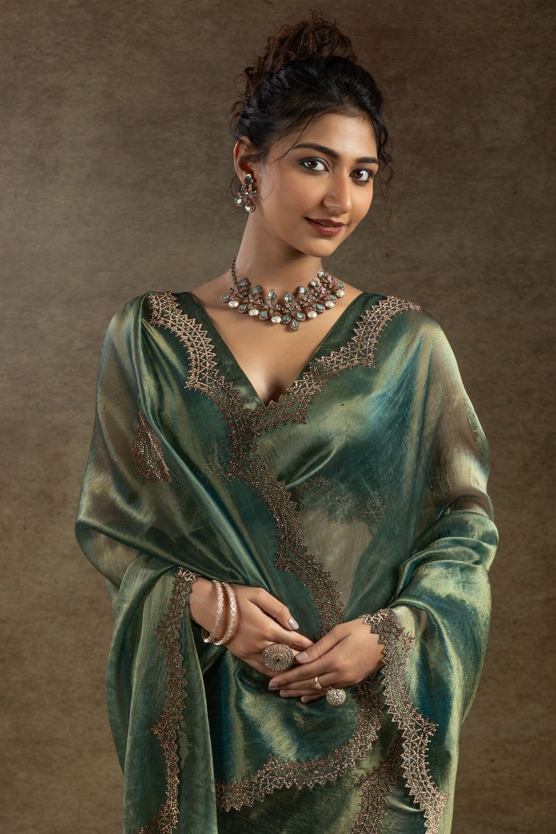 Green Banarasi Silk With Hand Work & Zarkan Work Saree - qivii