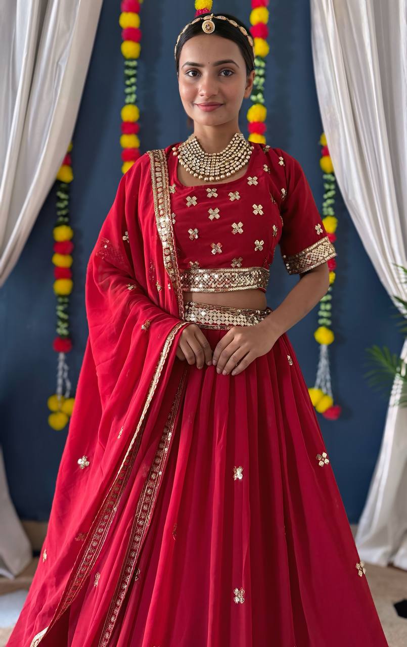 PINK FAUX GEORGEET MBROIDERY SEQUENCE DESIGN WORK LEHENGA - INSPIRED | Ready To Wear - qivii