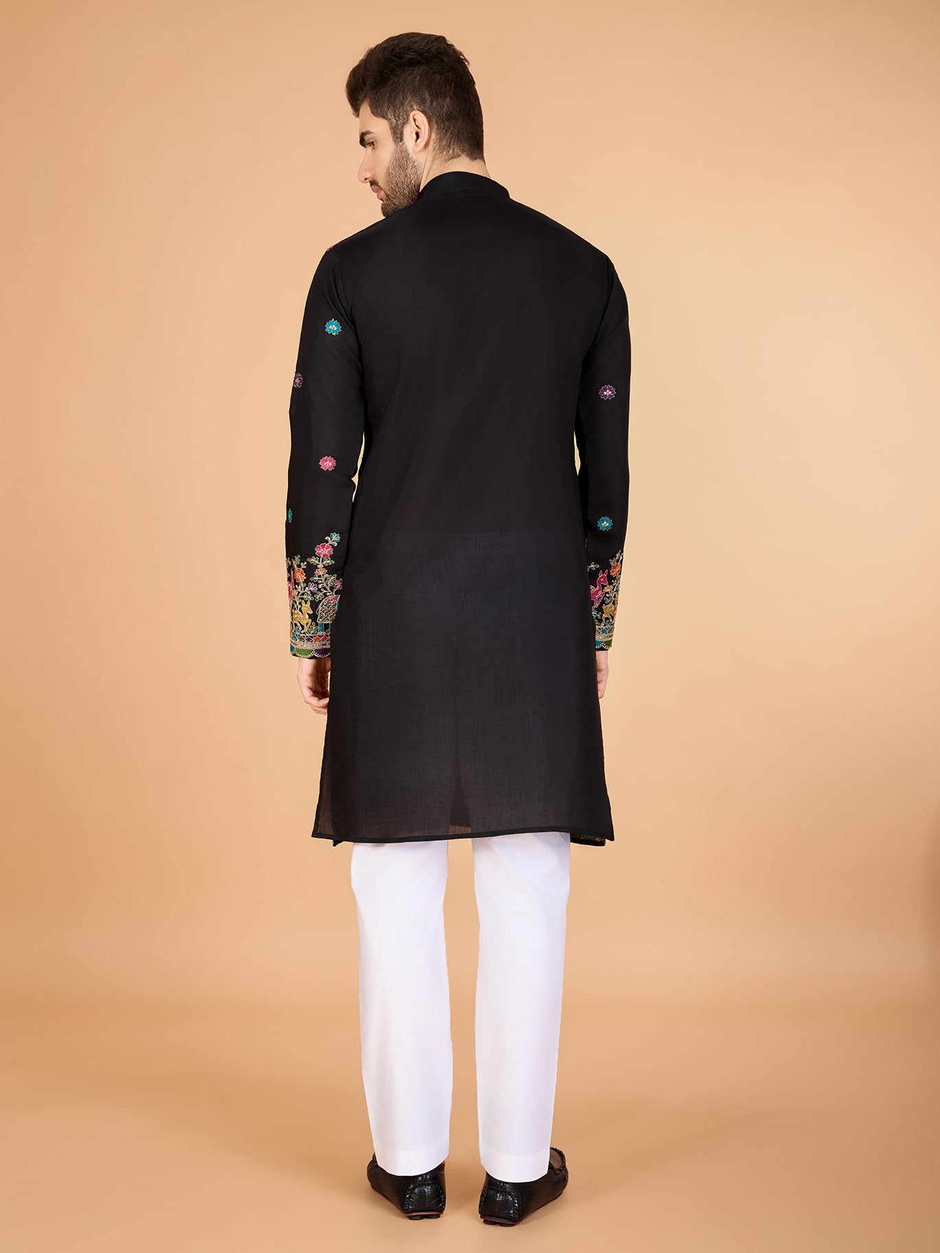 BLACK VISCOSE SILK THREAD & SEQUENCE EMBROIDDERED WORK KURTA - qivii