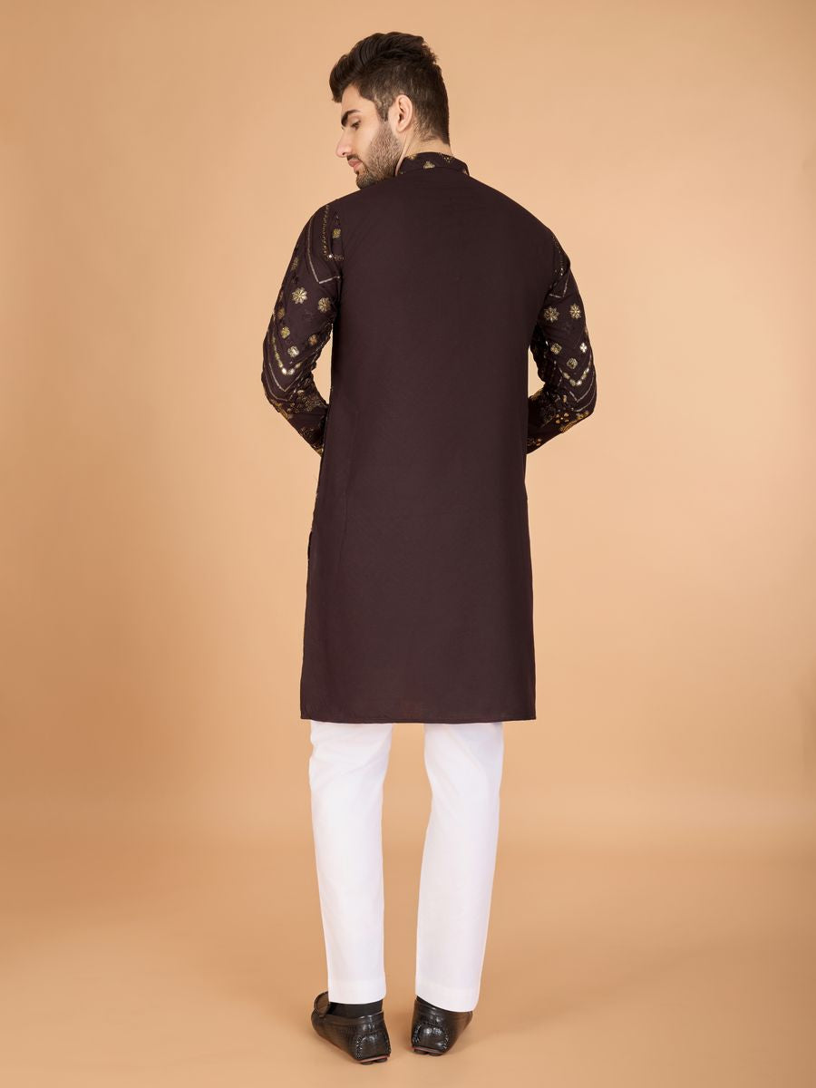 BROWN PURE VISCOSE RAYON THREAD & SEQUENCE EMBROIDERED WORK KURTA - qivii