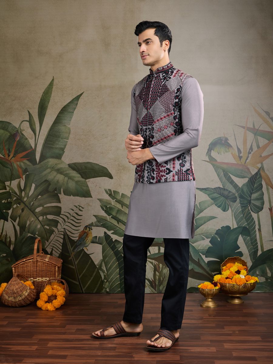 GREY VISCOSE SILK THREAD & SWAROVSKI EMBOIDERED WORK KURTA KOTI - qivii