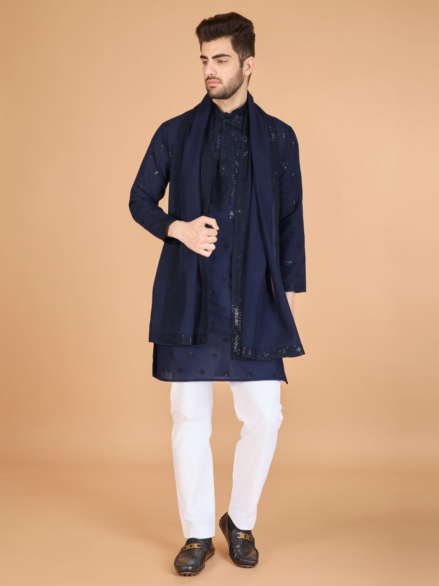 NAVY BLUE VISCOSE SILK THREAD, SEQUENCE EMBROIDERED WORK KURTA SET - qivii