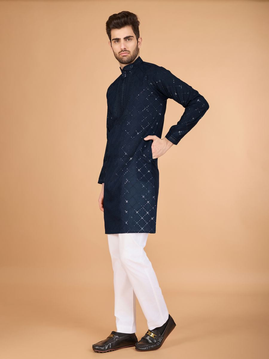 NAVY BLUE VISCOSE SILK THREAD, SEQUENCE EMBROIDERED WORK KURTA SET - qivii