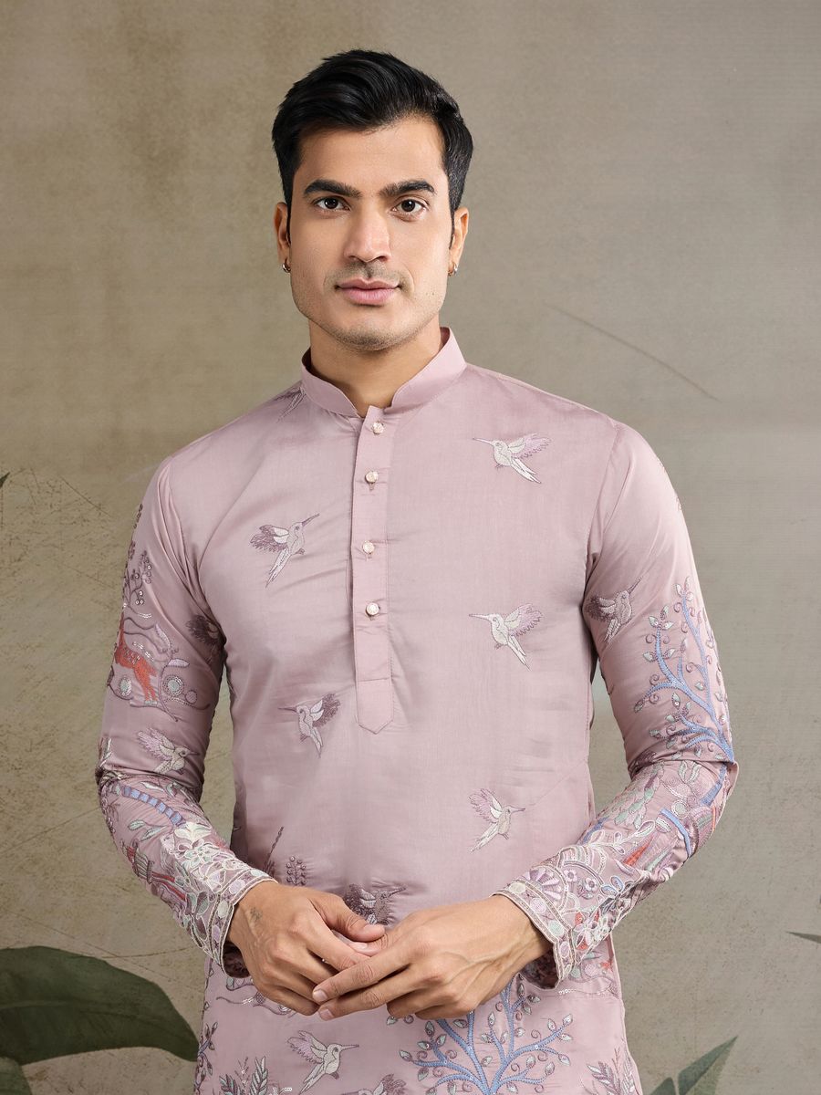 PEACH VISCOSE SILK THREAD & SEQUENCE EMBROIDERED WORK KURTA - qivii
