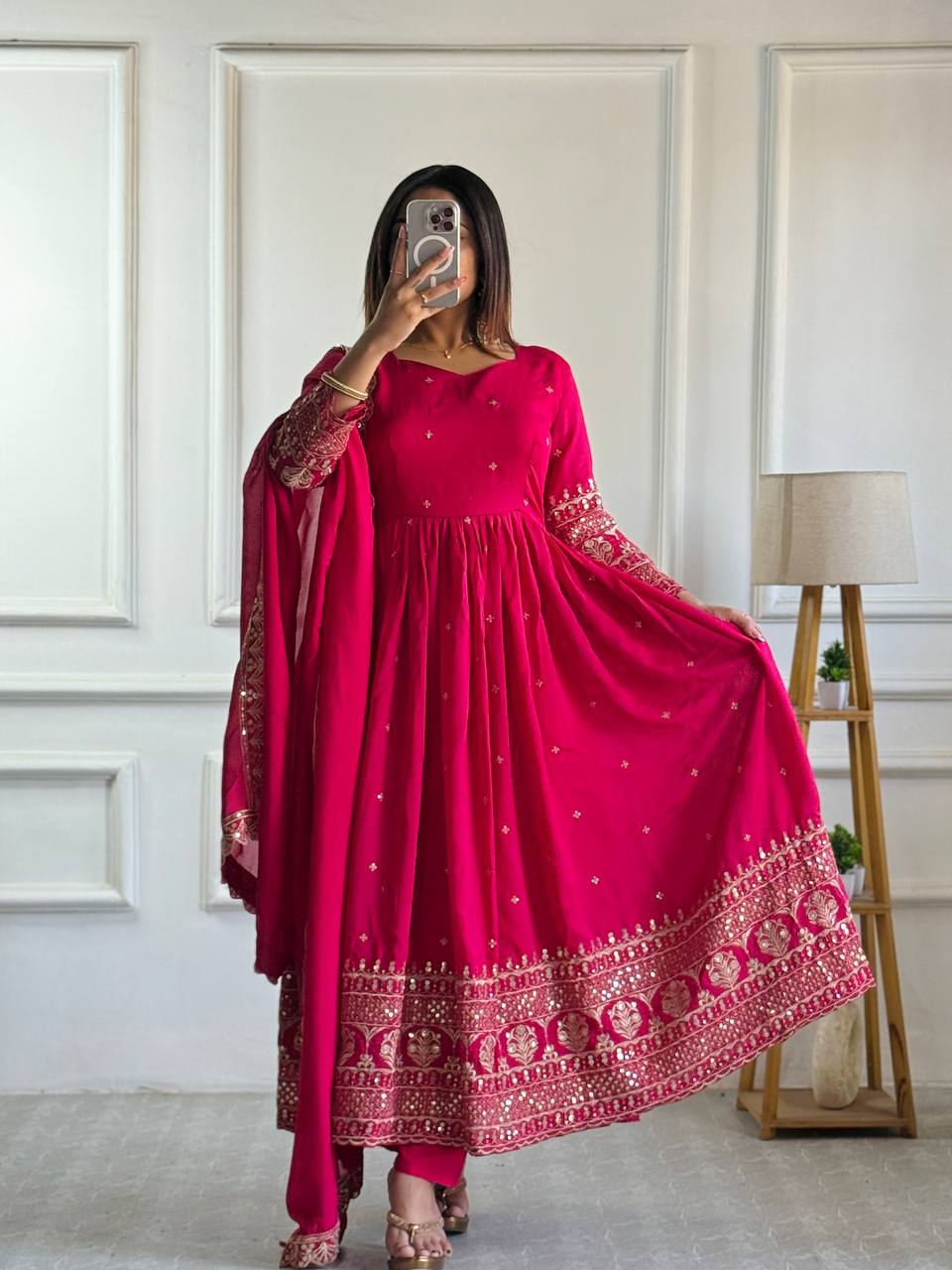 PINK BLOOMING VICHITRA SILK WITH EMBROIDERY SEQUENCE DESIGN WORK ANARKALI SUIT - qivii