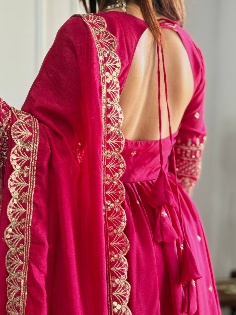 PINK BLOOMING VICHITRA SILK WITH EMBROIDERY SEQUENCE DESIGN WORK ANARKALI SUIT - qivii