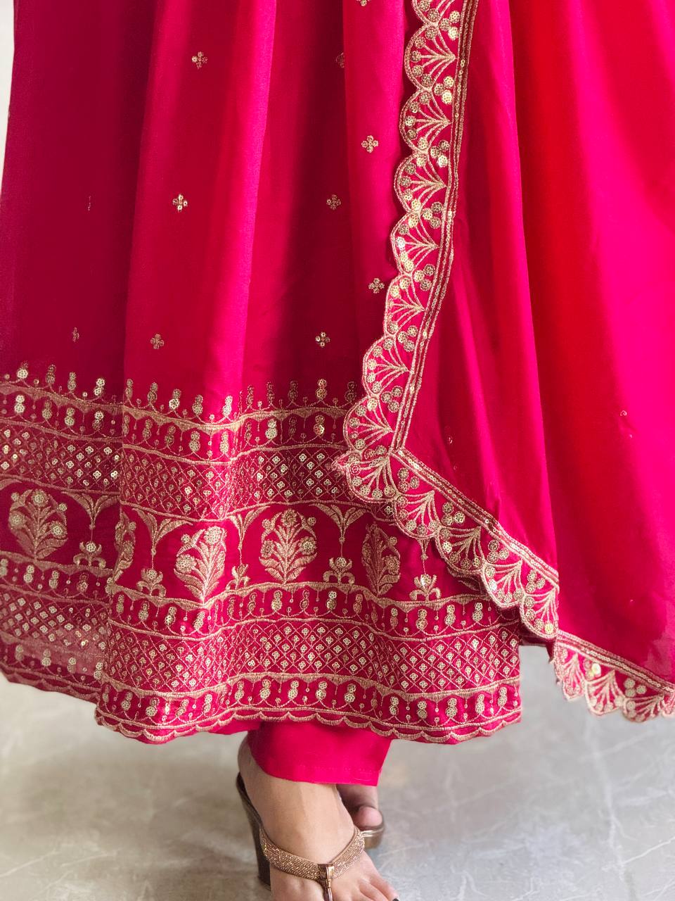 PINK BLOOMING VICHITRA SILK WITH EMBROIDERY SEQUENCE DESIGN WORK ANARKALI SUIT - qivii