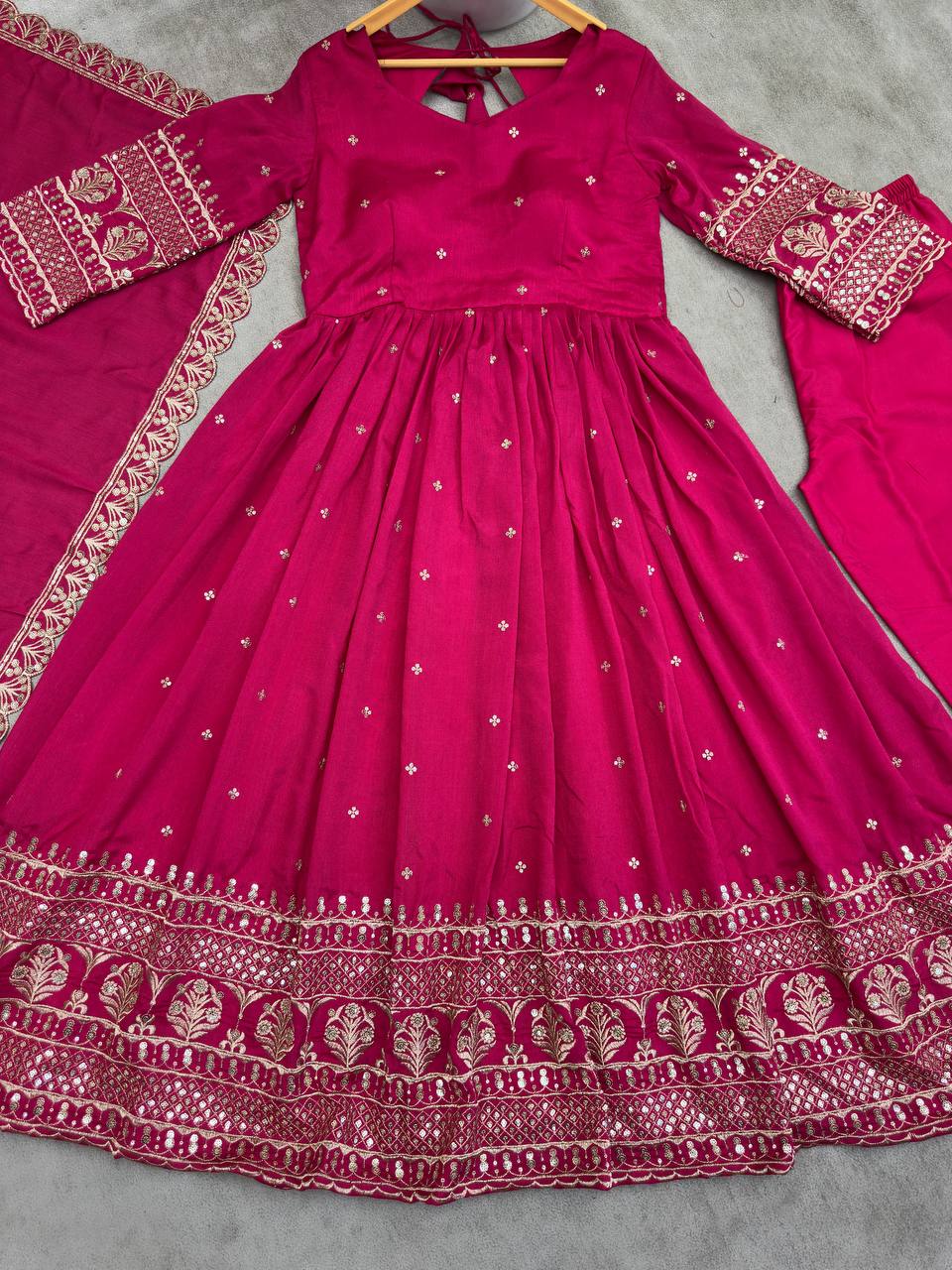 PINK BLOOMING VICHITRA SILK WITH EMBROIDERY SEQUENCE DESIGN WORK ANARKALI SUIT - qivii