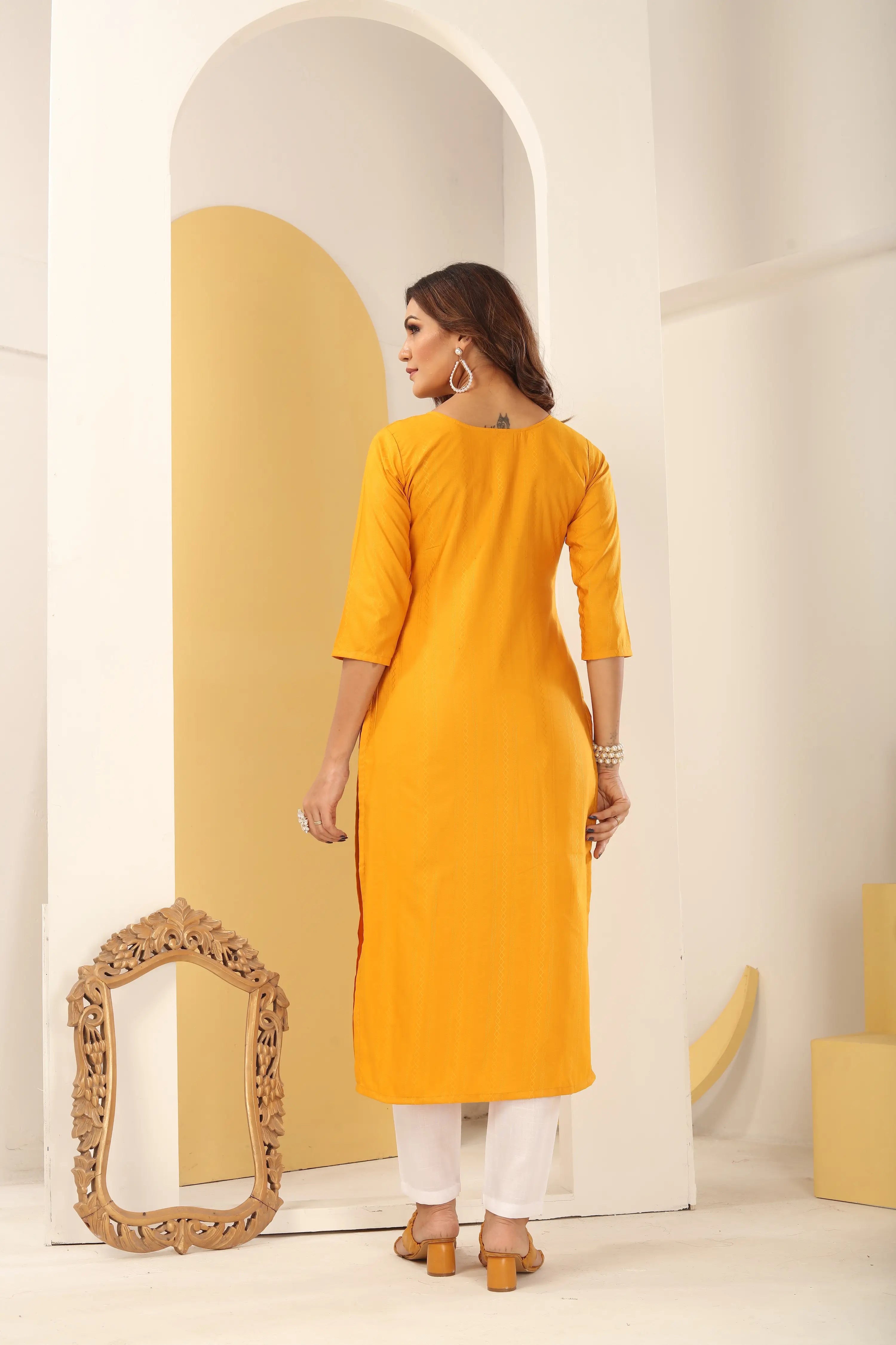 Yellow Silk Straight Kurta Set with Handmade Embroidery - qivii