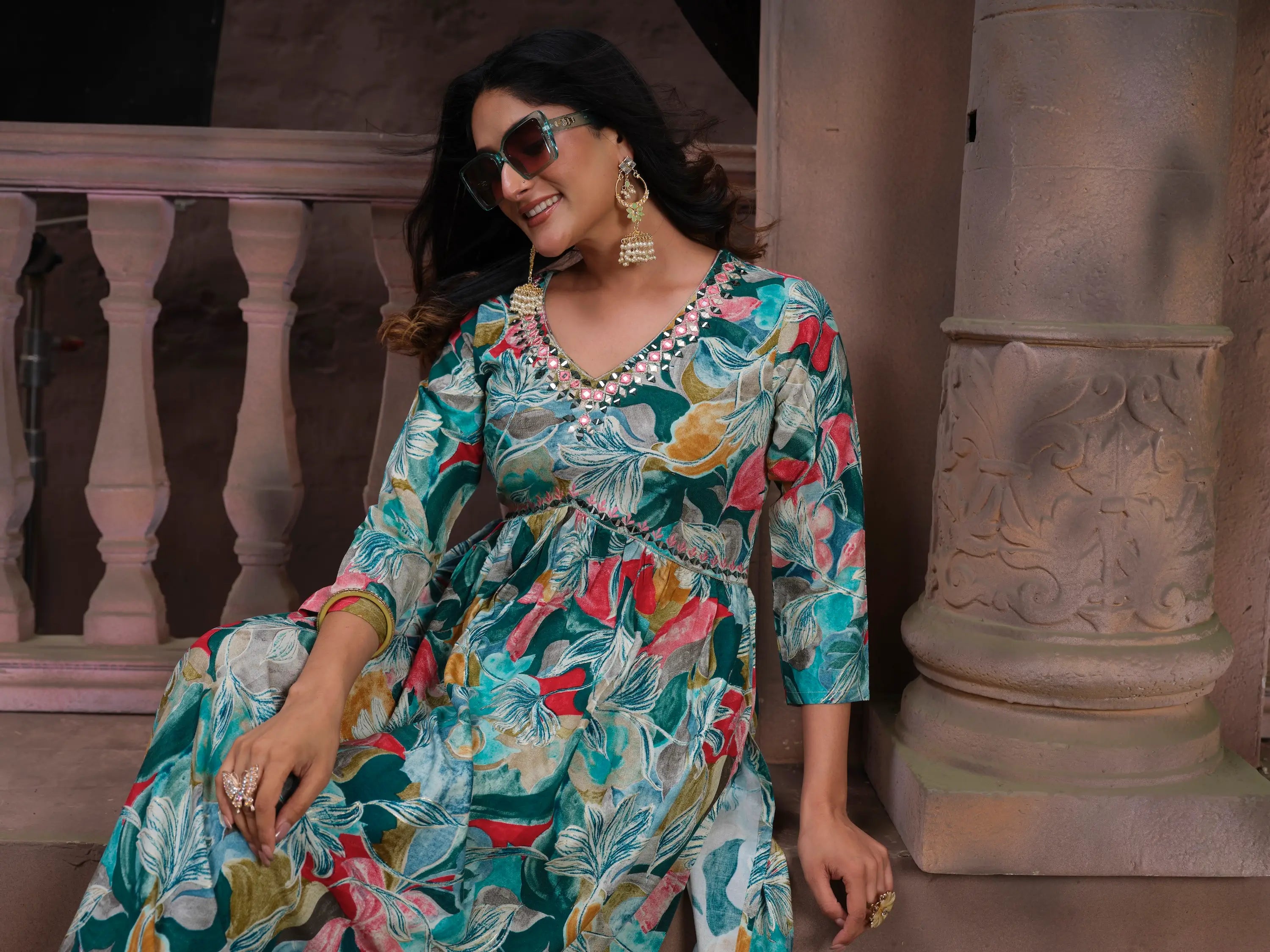 Cyan Floral Print Handwork Kurta Set with Pant & Dupatta - qivii