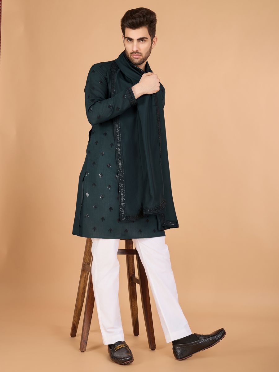 GREEN VISCOSE SILK THREAD, SEQUENCE EMBROIDERED WORK KURTA SET - qivii