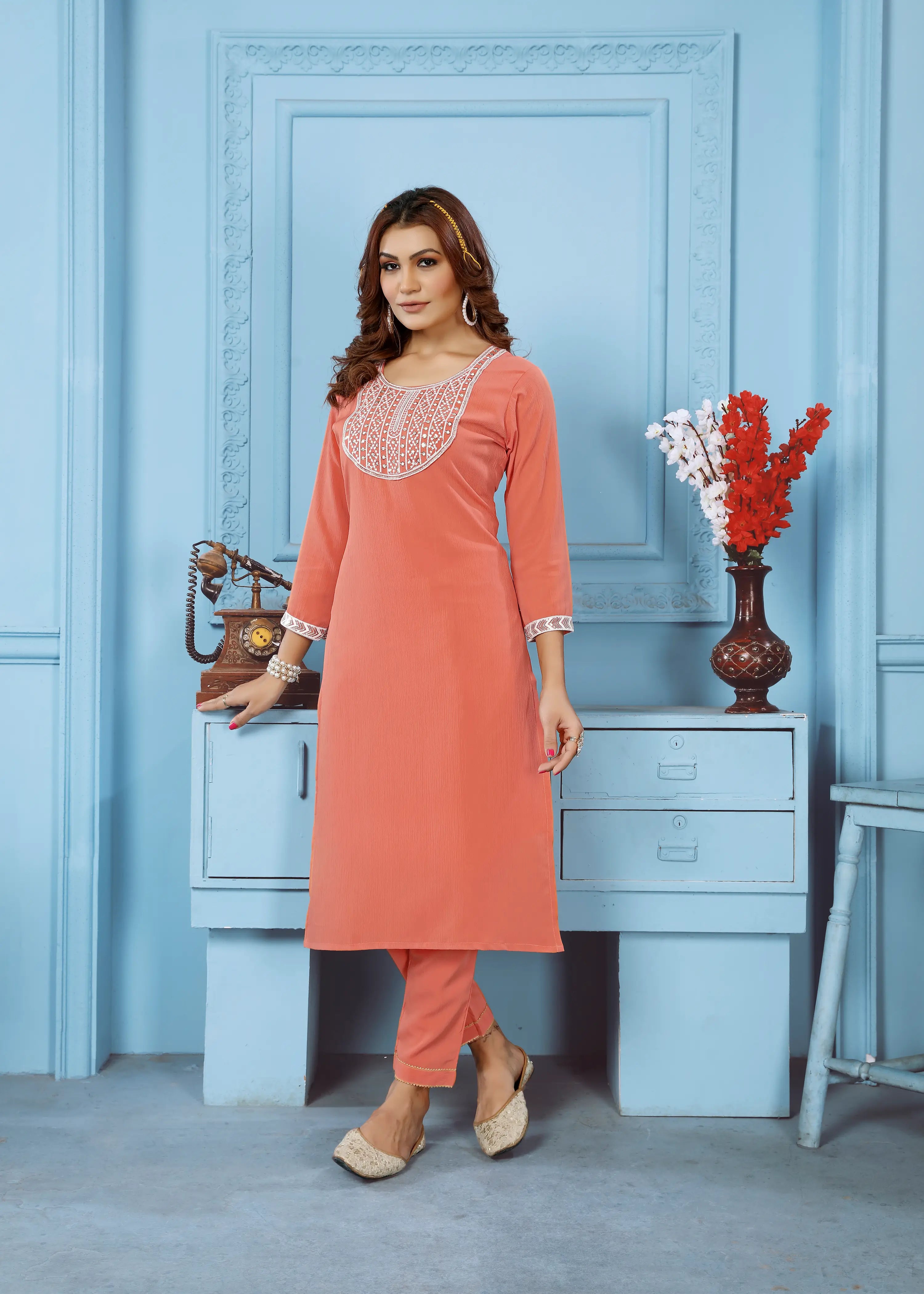 Orange Kurta Set With Embroidery Work - qivii