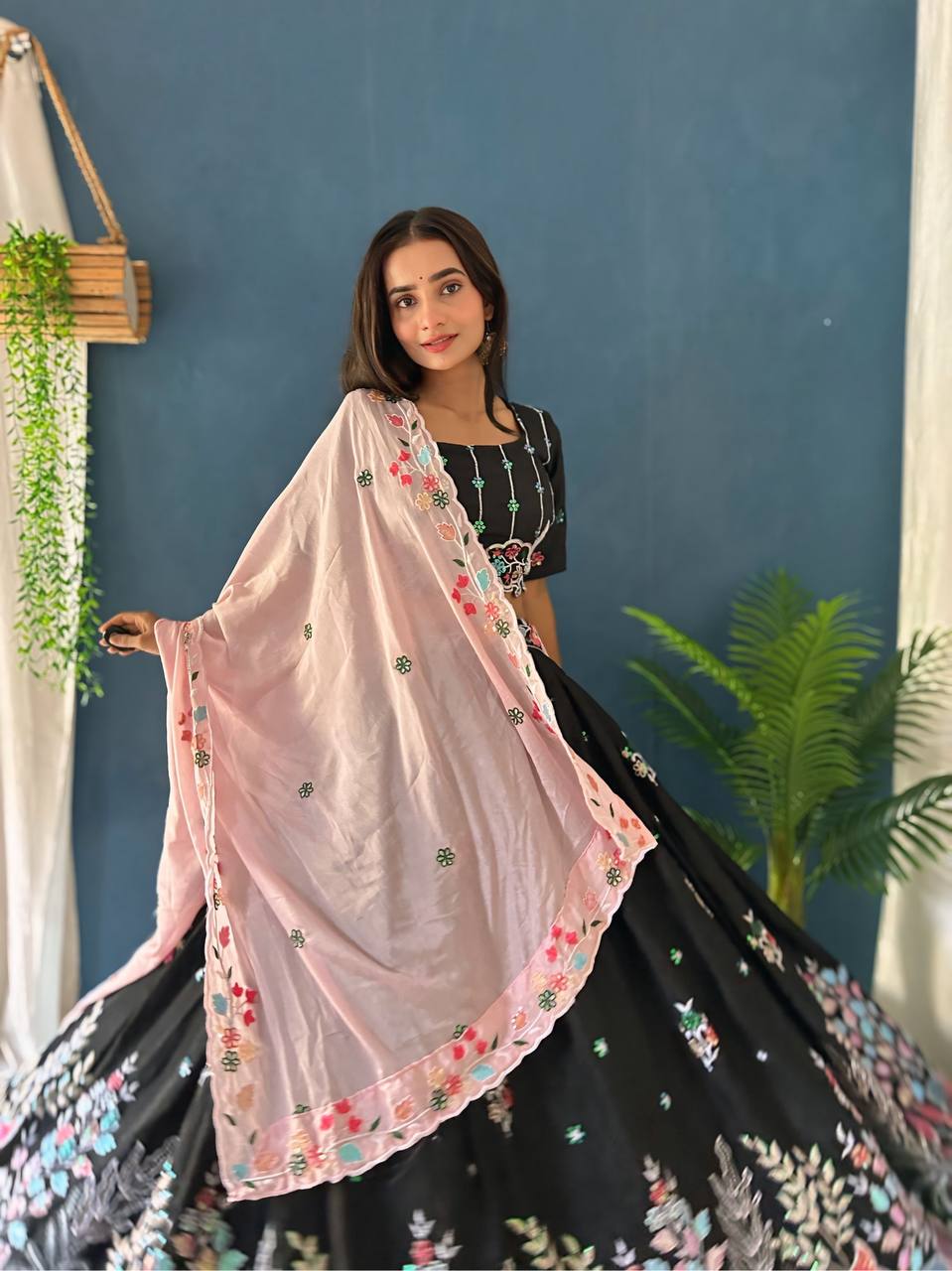 BLACK CHINON SILK WITH EMBROIDERY RAINBOW SEQUENCE AND THREAD DESIGN WORK LEHENGA - INSPIRED | Ready To Wear - qivii