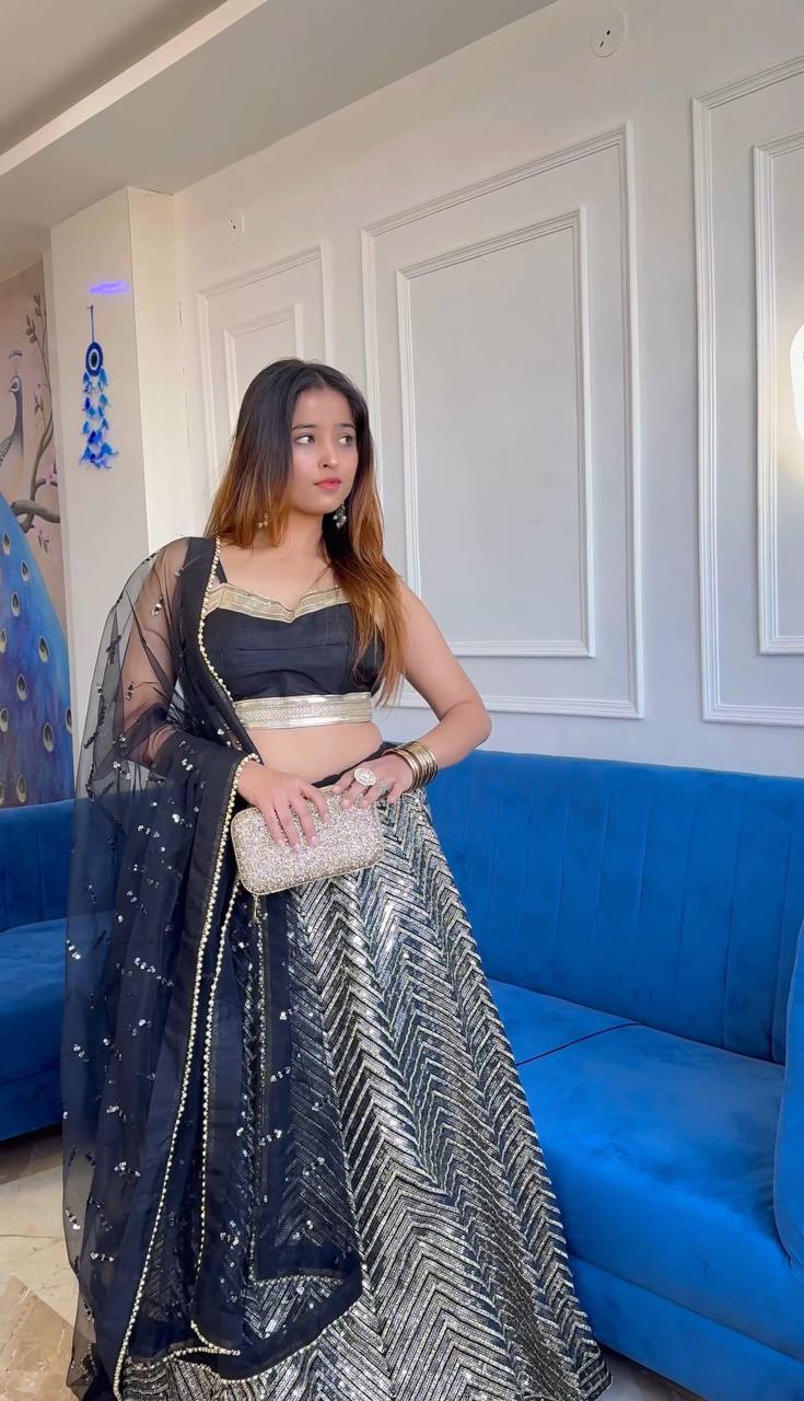 Black Georgette lehenga with sequins & zari work - INSPIRED | Ready To Wear - qivii