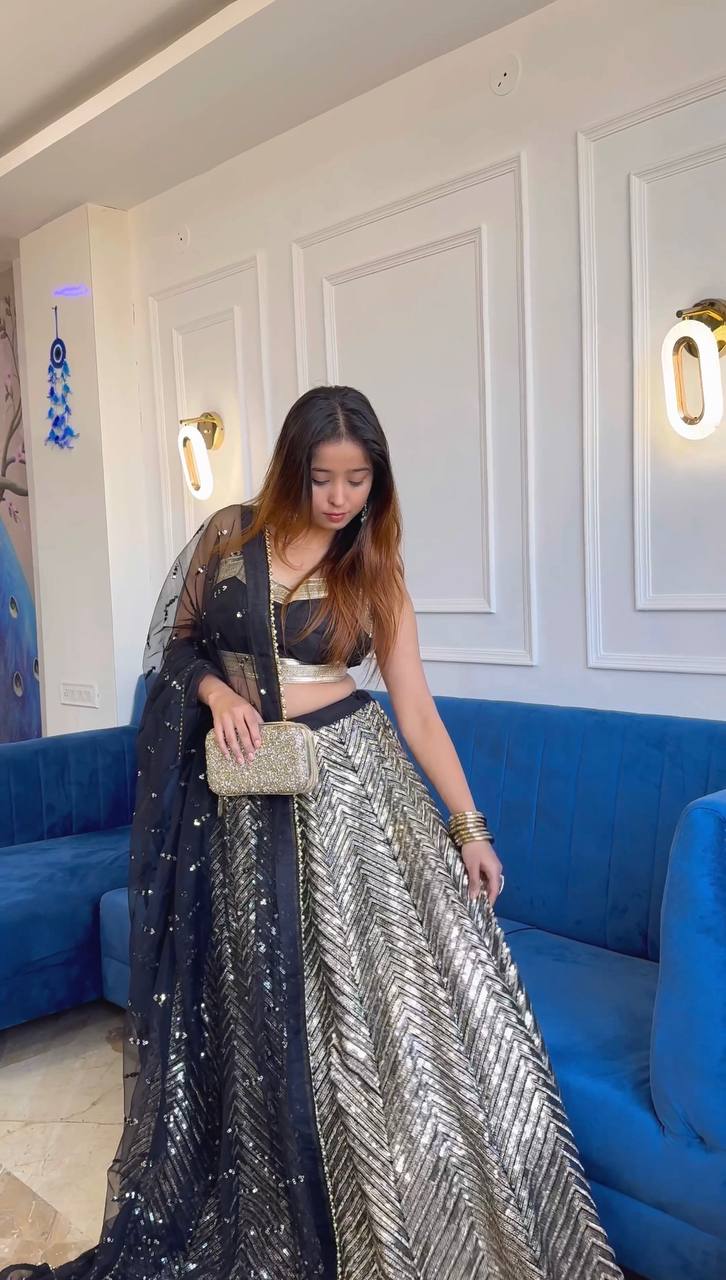 Black Georgette lehenga with sequins & zari work - INSPIRED | Ready To Wear - qivii