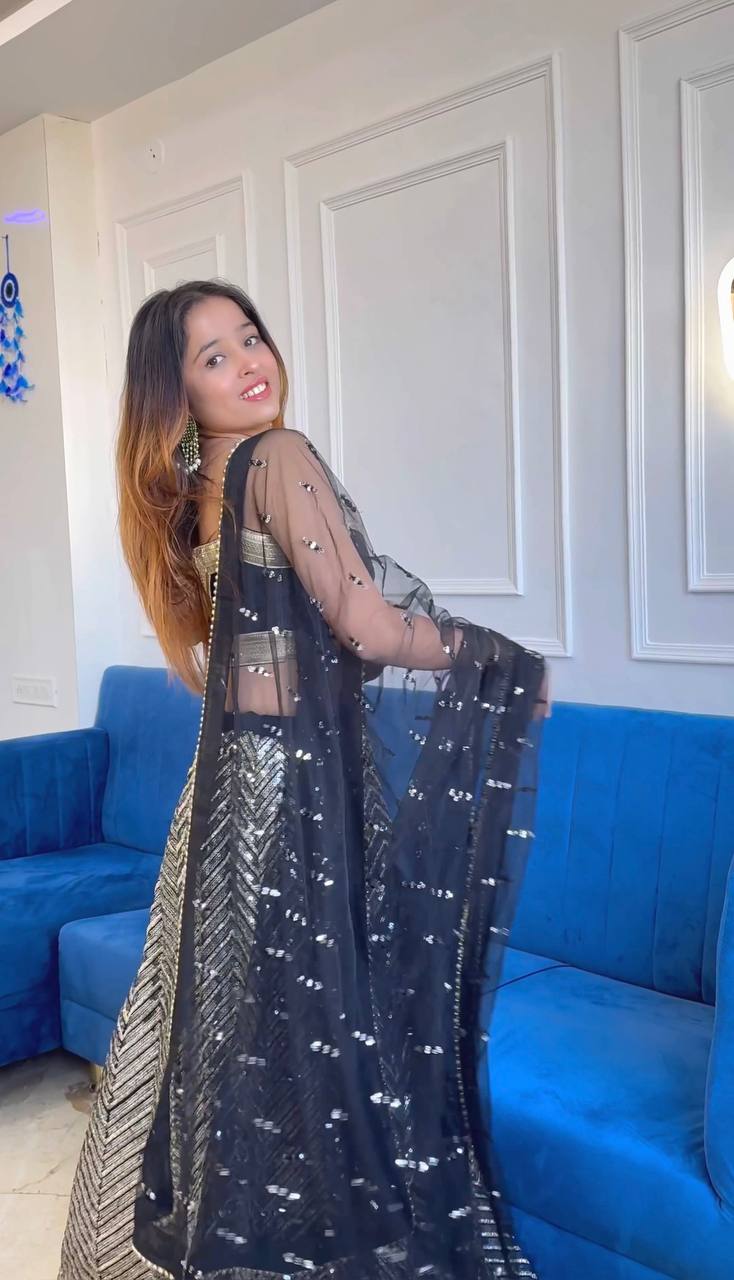 Black Georgette lehenga with sequins & zari work - INSPIRED | Ready To Wear - qivii