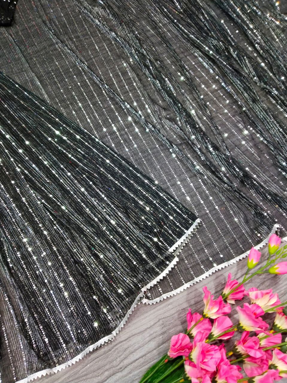 Black Premium Net Embellished With Beautiful Heavy Tikli Work Saree - INSPIRED - qivii