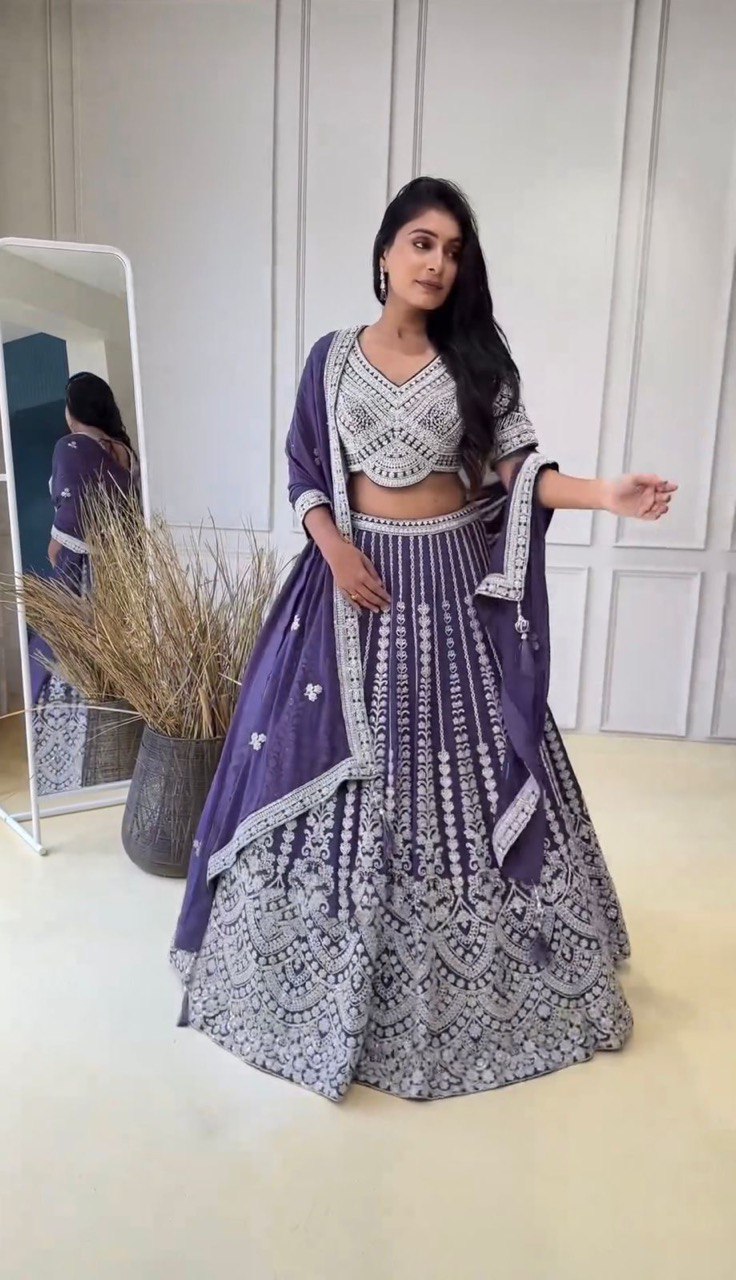 Blue Foux Gorgette Codeing Dori with Sequnce Lehenga Choli - INSPIRED | Ready To Wear - qivii