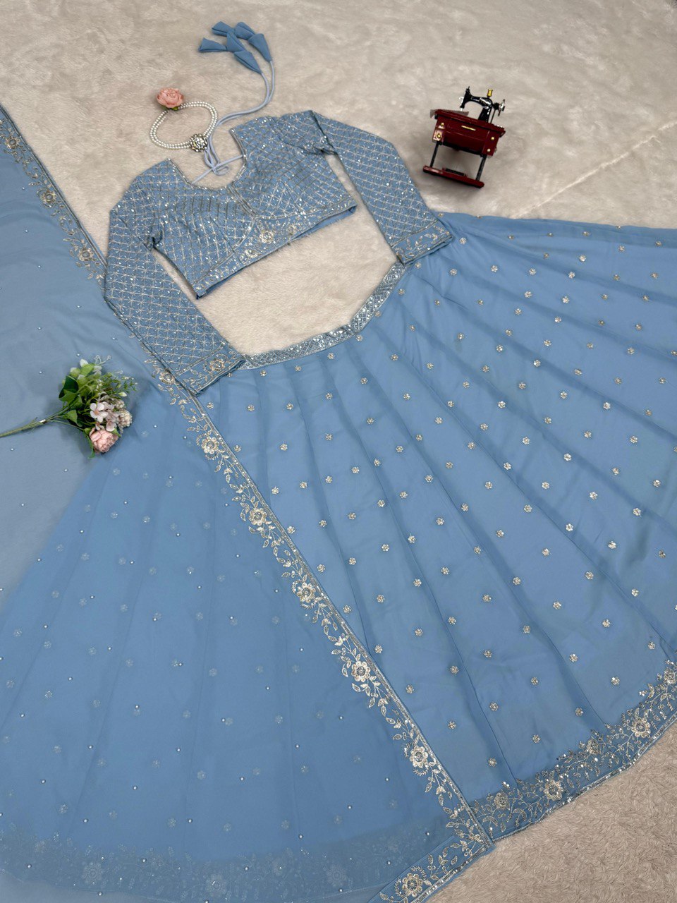Blue Fox Gorgette thread with Sequnce with Rivet moti Lehenga Choli - INSPIRED | Ready To Wear - qivii