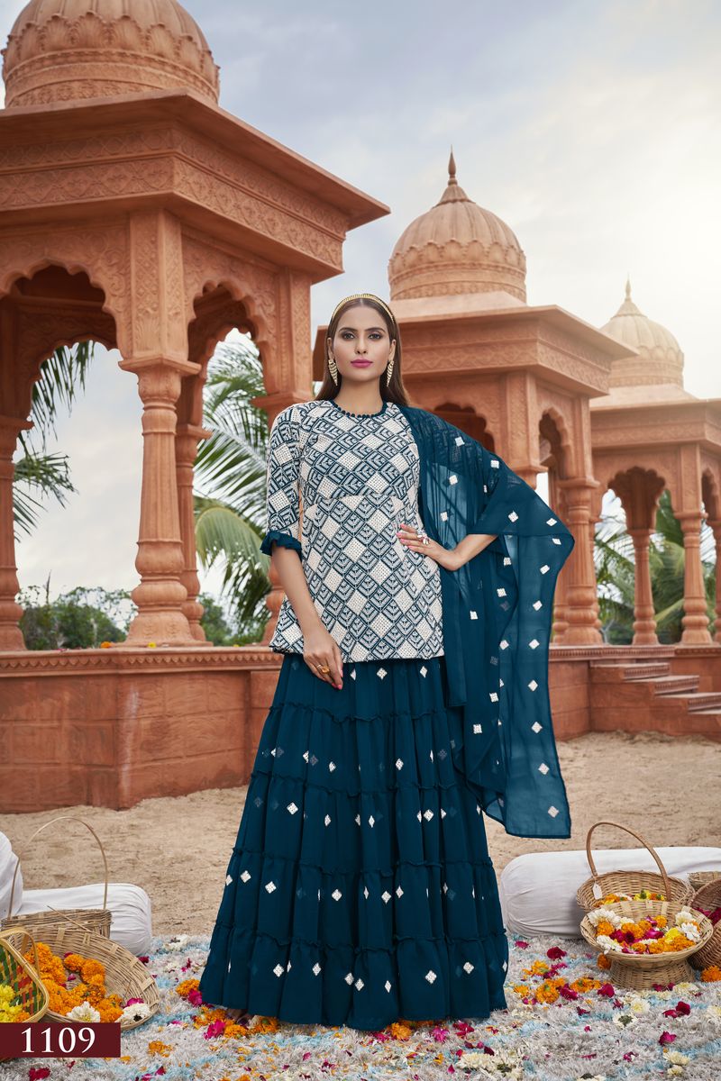 BLUE HEAVY FOX GEORGETTE WITH COTTON EMBROIDERY WORK | Ready To Wear - qivii