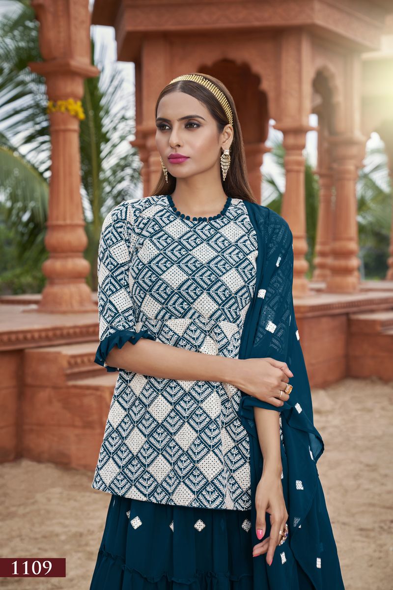 BLUE HEAVY FOX GEORGETTE WITH COTTON EMBROIDERY WORK | Ready To Wear - qivii