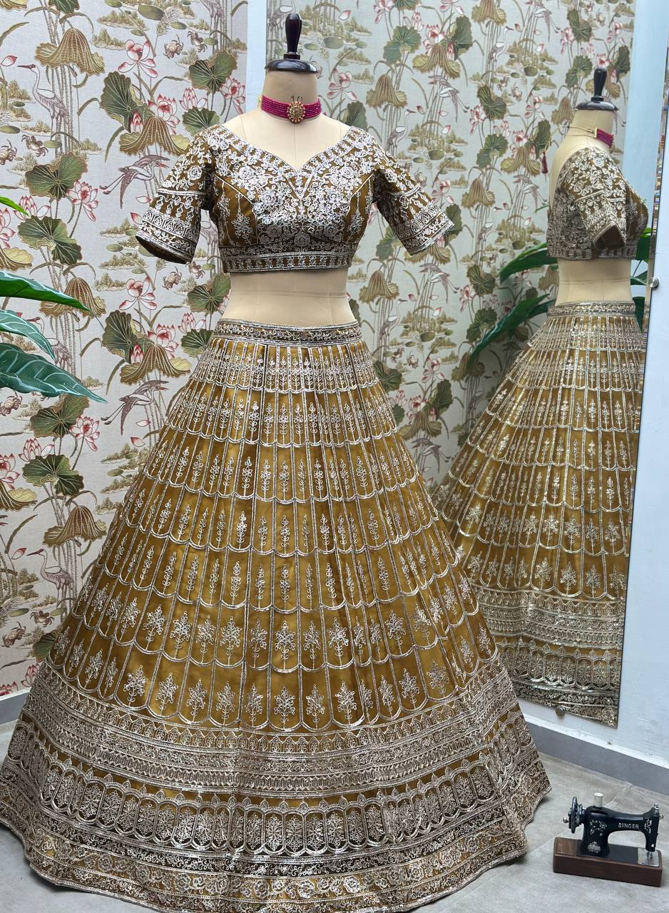 BROWN NET EMBROIDERY SEQUENCE DESIGN WORK LEHENGA - INSPIRED | Ready To Wear - qivii