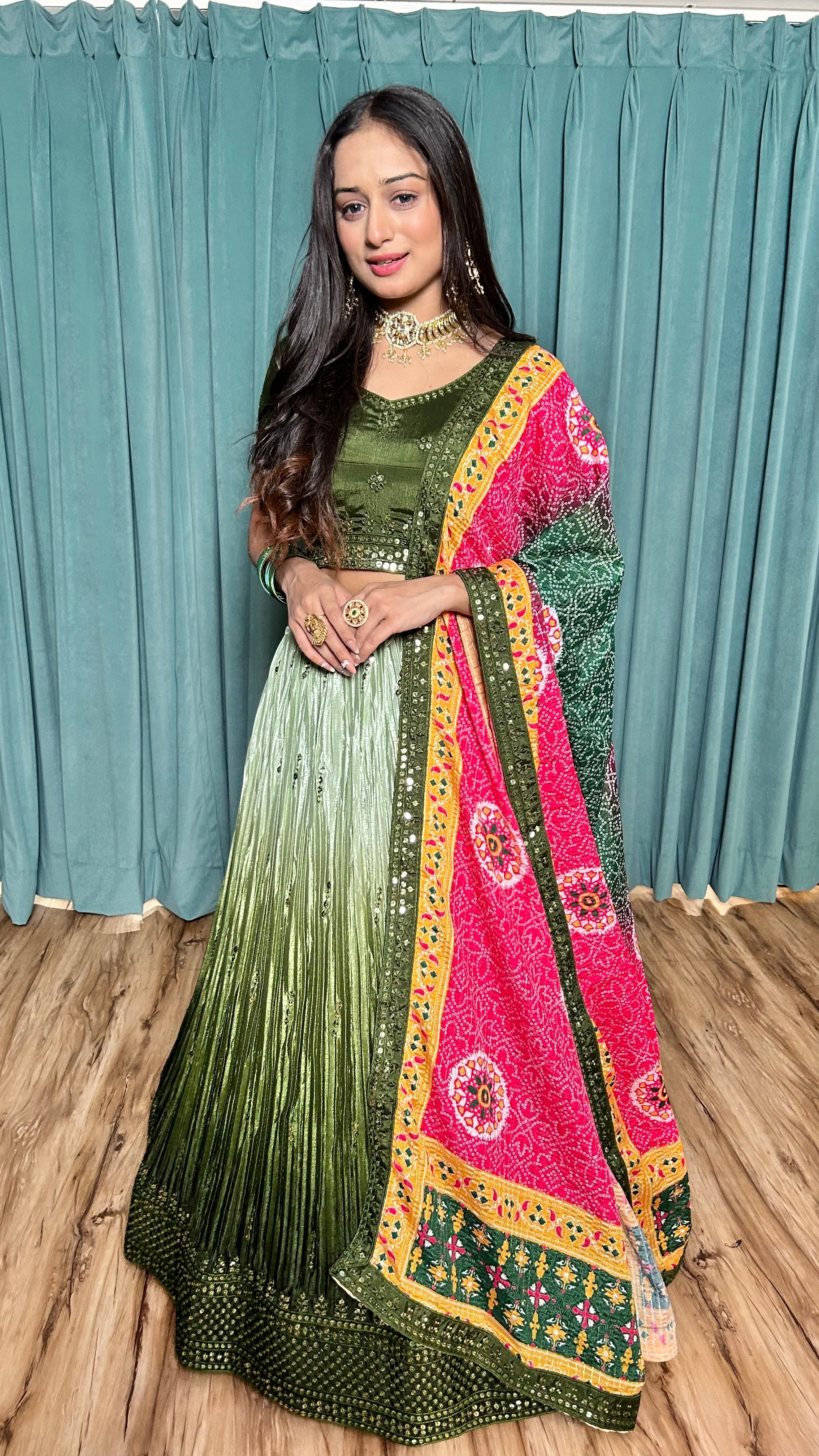 Green Chinon silk lehnga with 9mm sequins & thread work | Ready To Wear - qivii