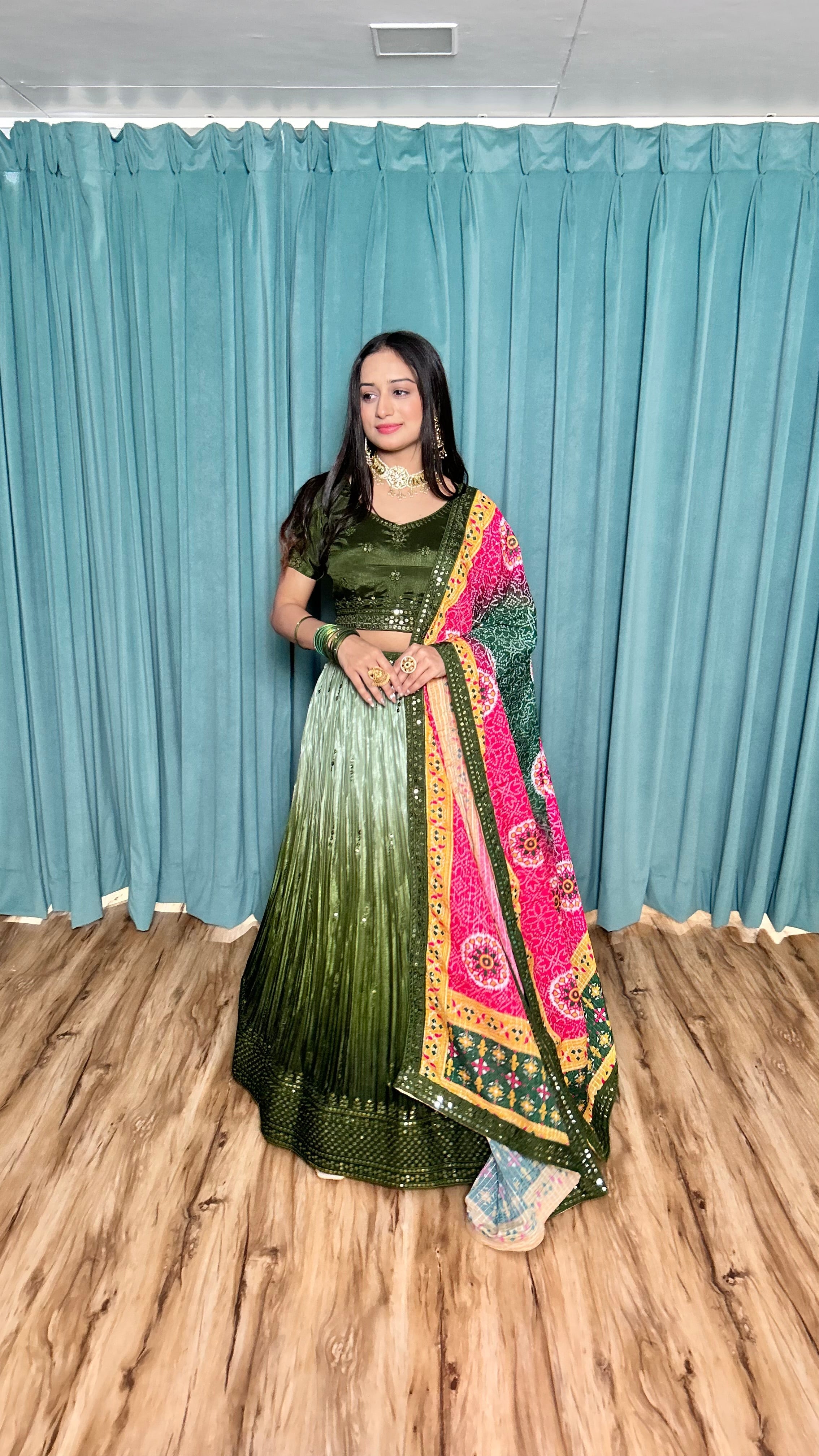 Green Chinon silk lehnga with 9mm sequins & thread work | Ready To Wear - qivii