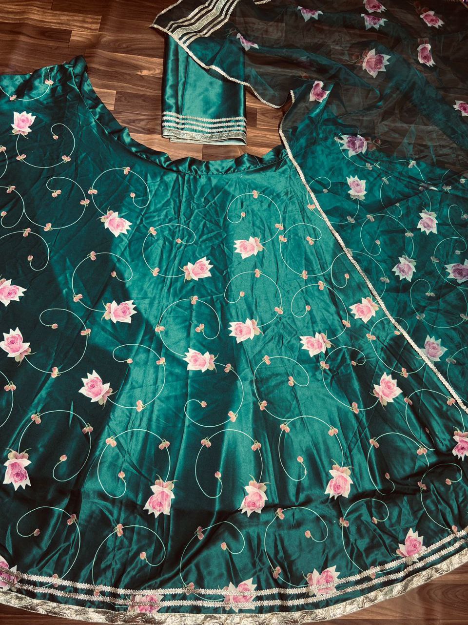 Green Color Premium Baby Satin Silk Embellished With Beautiful Digital Print With Heavy Gotta Patti Work - Inspired | Ready To Wear - qivii