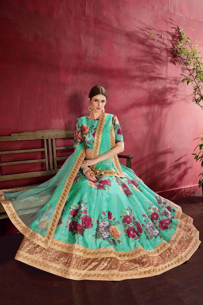 GREEN FLORAL PRINT ,DORI, ZARI AND SEQUINS EMBROIDERY LEHENGA | Ready To Wear - qivii
