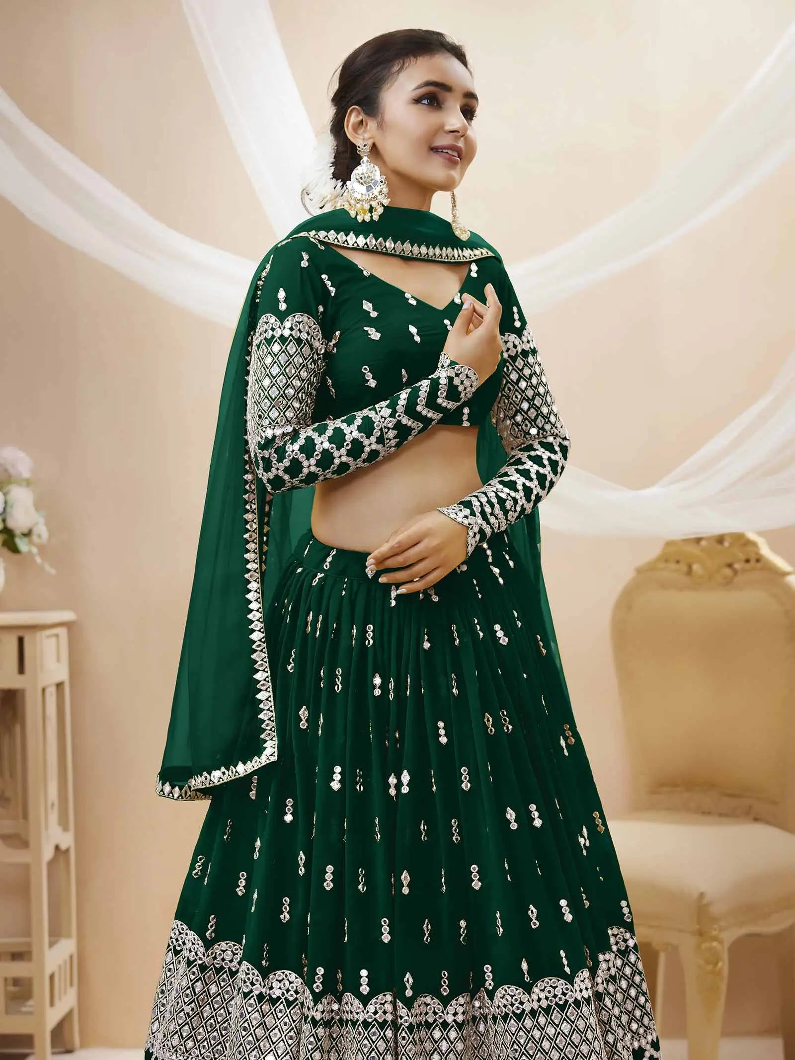 Green Georgette Lehenga With Sequence Embroidery Work with Dupatta | Ready To Wear - qivii