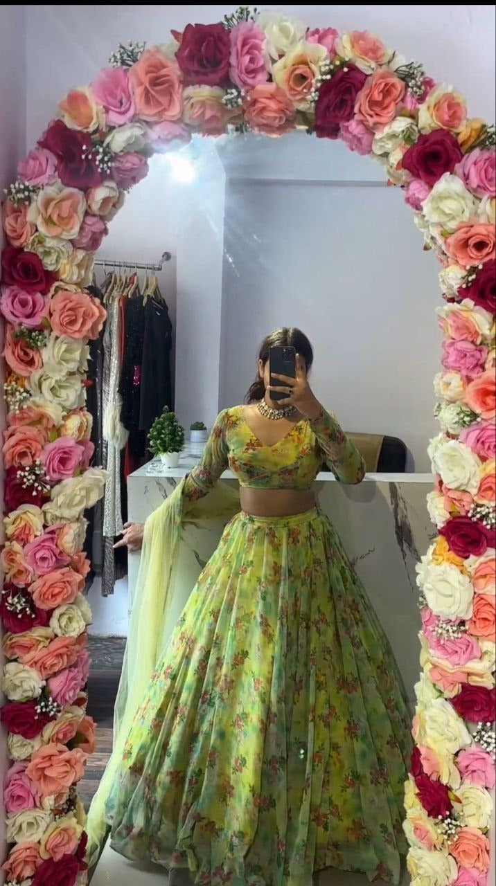 Green Premium Tabby Silk Embellished With Beautiful Floral Print With Heavy Cancan Lehenga - INSPIRED | Ready To Wear - qivii