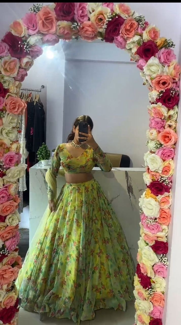 Green Premium Tabby Silk Embellished With Beautiful Floral Print With Heavy Cancan Lehenga - INSPIRED | Ready To Wear - qivii