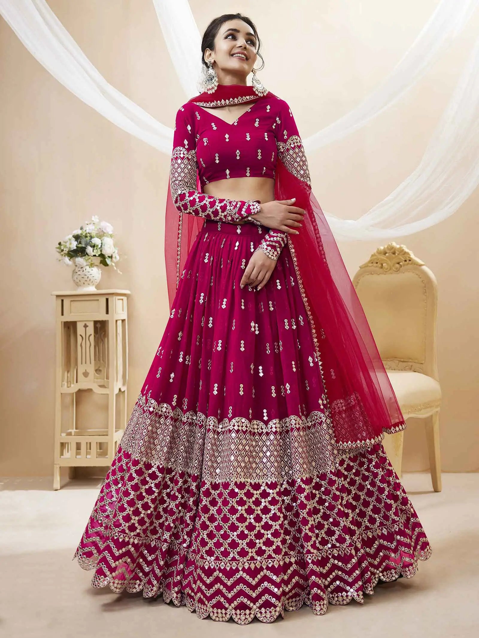 Hot Pink georgette Lehenga With Sequence And Zari Embroidery Work With Dupatta | Ready To Wear - qivii