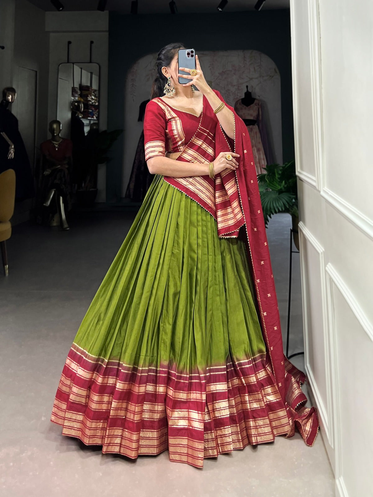 Mehendi Pure Chanderi Plain With Zari Weaving Work Border Lehenga Choli - INSPIRED | Ready To Wear - qivii
