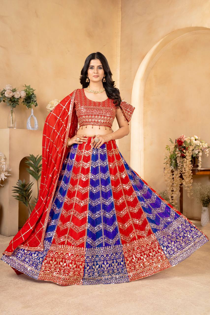 MULTI COLOR PURE FAUX GEORGEET EMBROIDERY SEQUENCE DESIGN WORK LEHENGA - INSPIRED | Ready To Wear - qivii